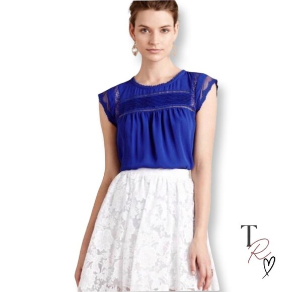 Anthropologie Meadow Rue Royal Blue Lace Pintuck Boho Romantic Blouse Large - Picture 1 of 12